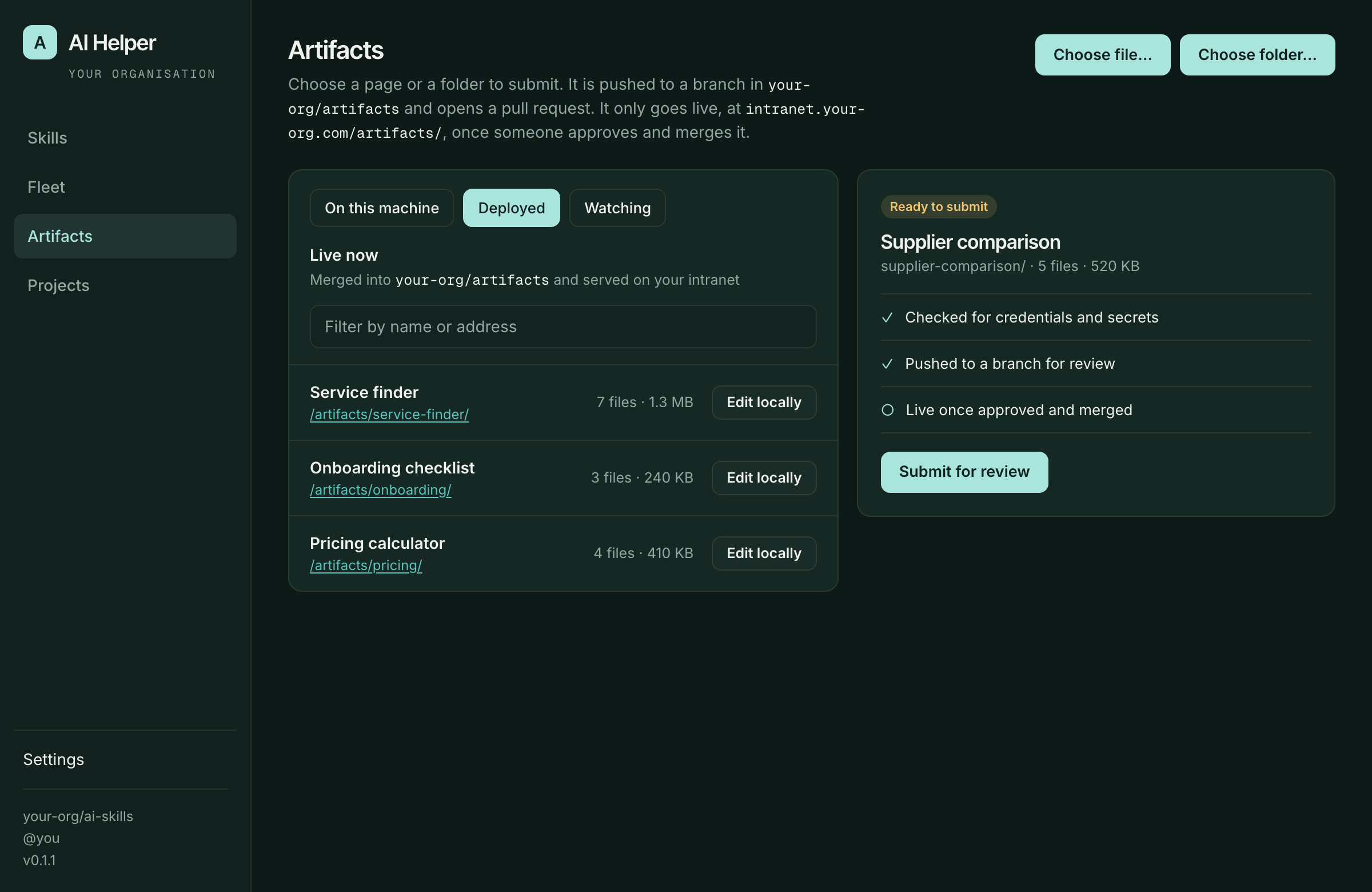 AI Helper: artifacts screen