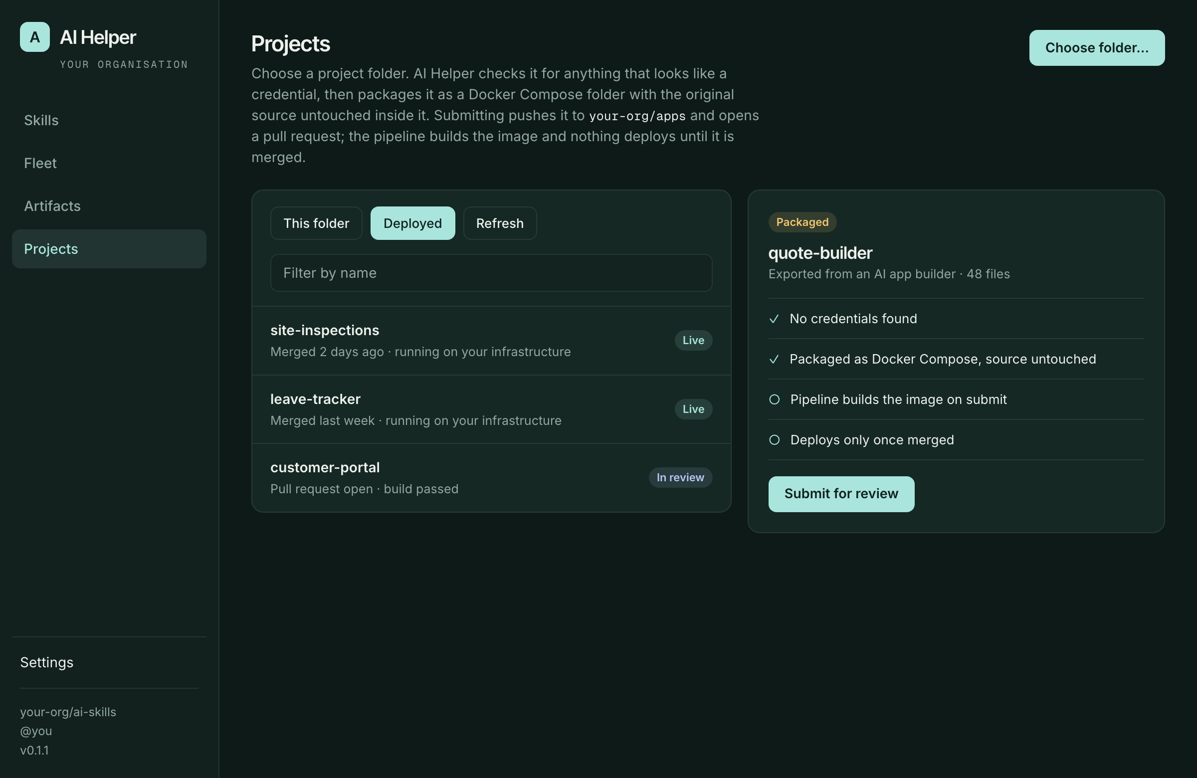 AI Helper: projects screen