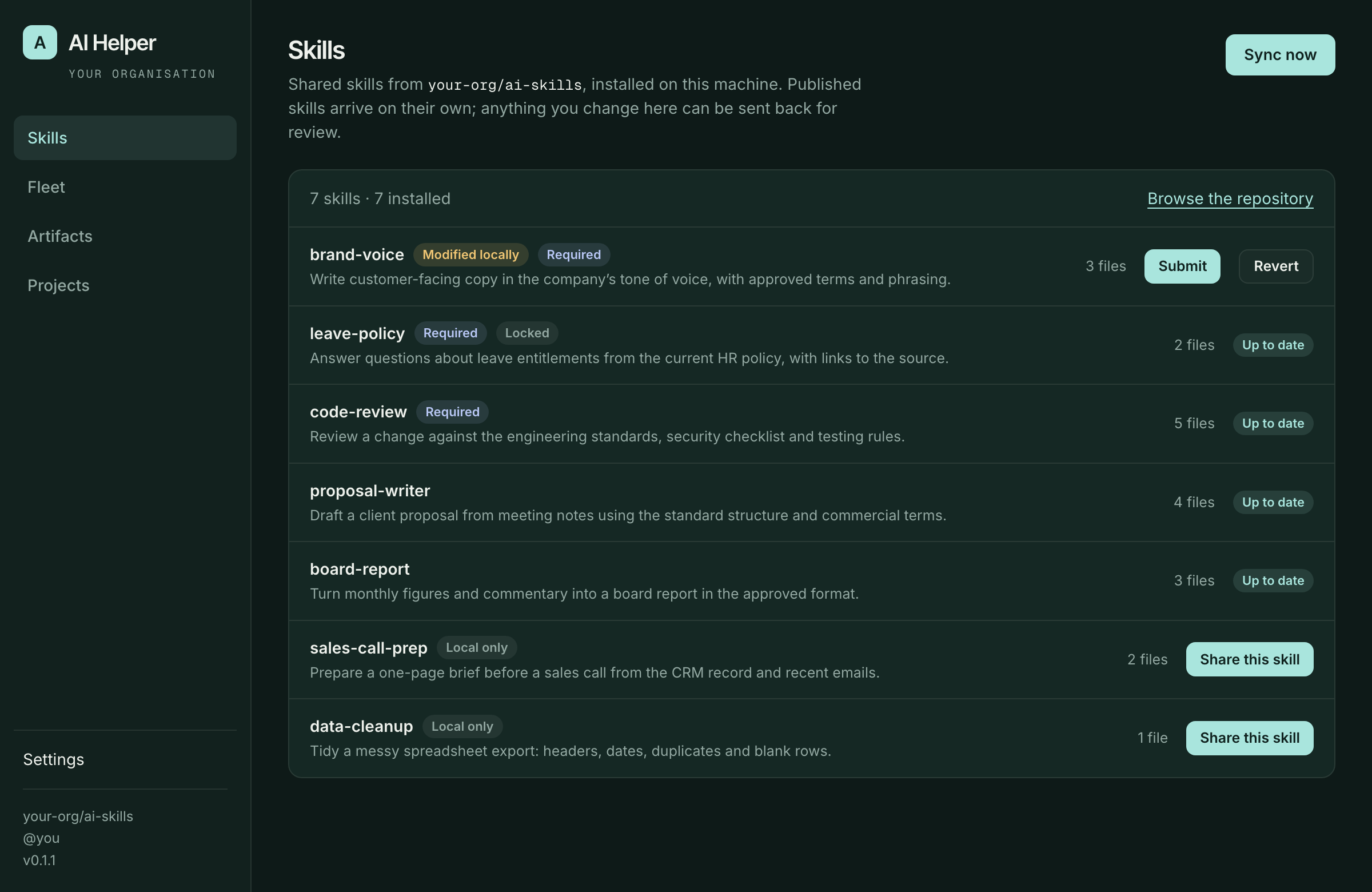 AI Helper: shared skills screen