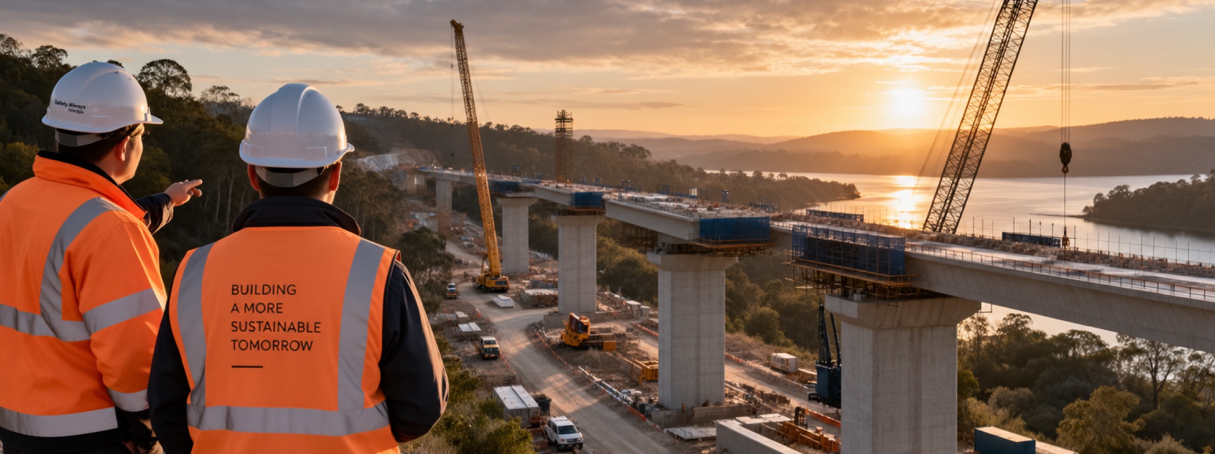 A bridge under construction over a river at sunrise