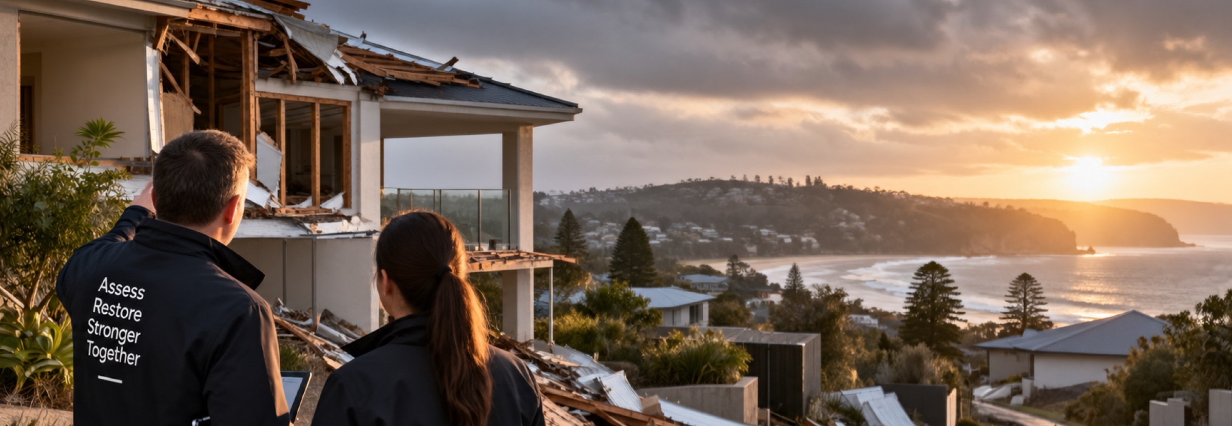 Assessors inspecting a storm-damaged coastal home